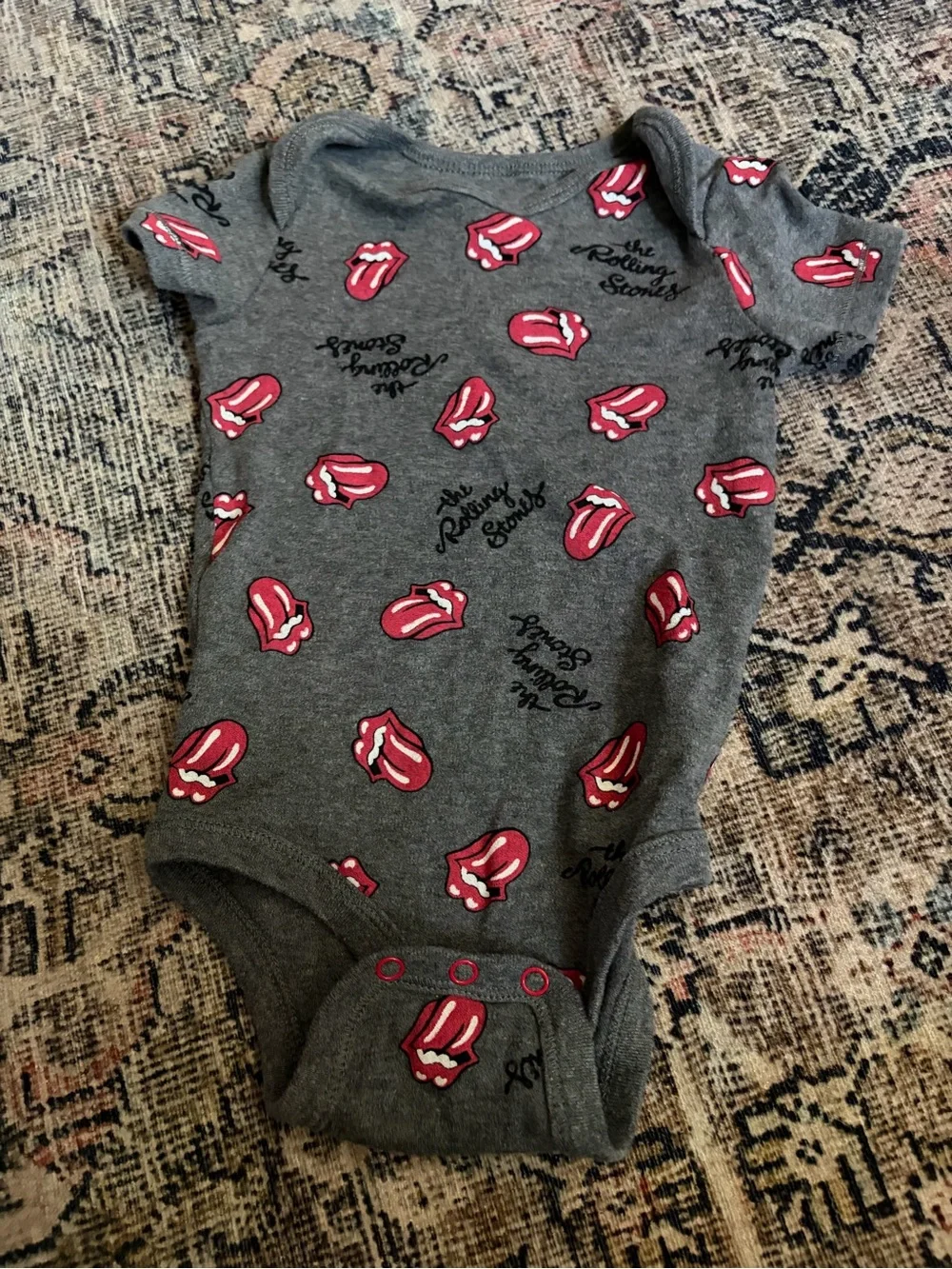 The Rolling Stones Gray Baby Bodysuit with Red Tongue Pattern
